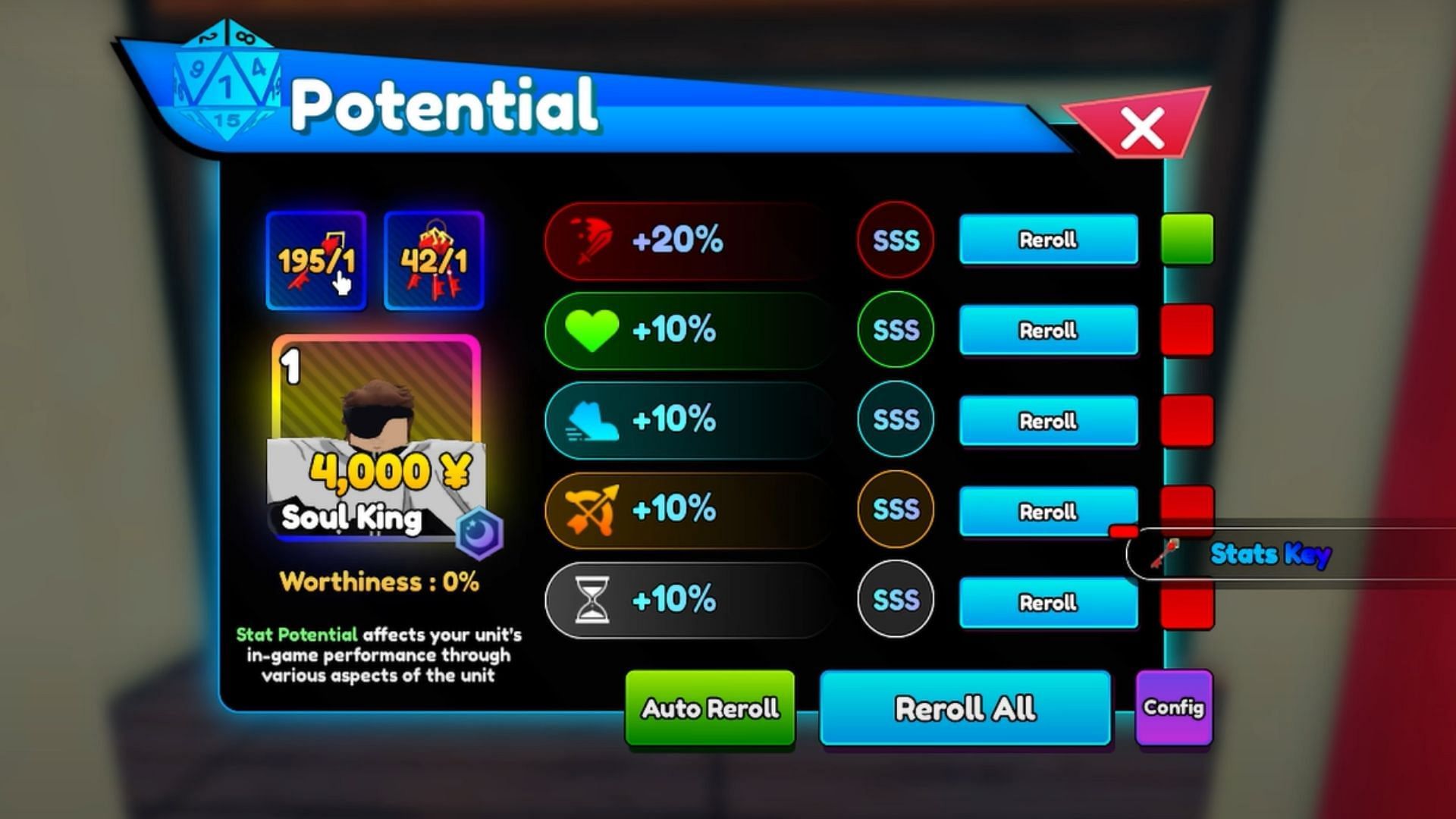 Reroll Soul King's stats to make it stronger (Image via Roblox)